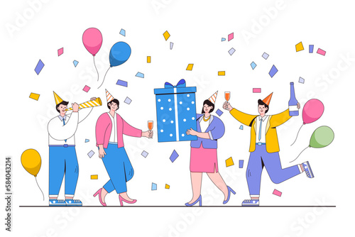 Work celebration concept. Happy people celebrating birthday with confetti  balloons  party hats. Outline design style minimal vector illustration for landing page  infographics  hero images