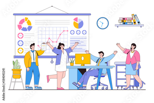 Businesspeople celebrate project development and reach target in office. Business process workflow management. Outline design style minimal vector illustration for landing page, hero images