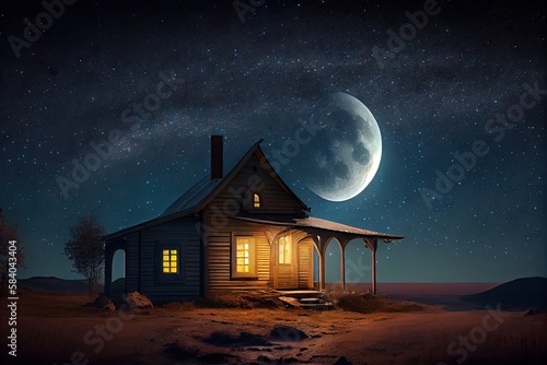 house, with view of the stars and moon, at night, created with generative ai photo