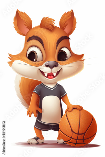 Cute cartoon squirrel in basketball uniform isolated on white background. AI Generated