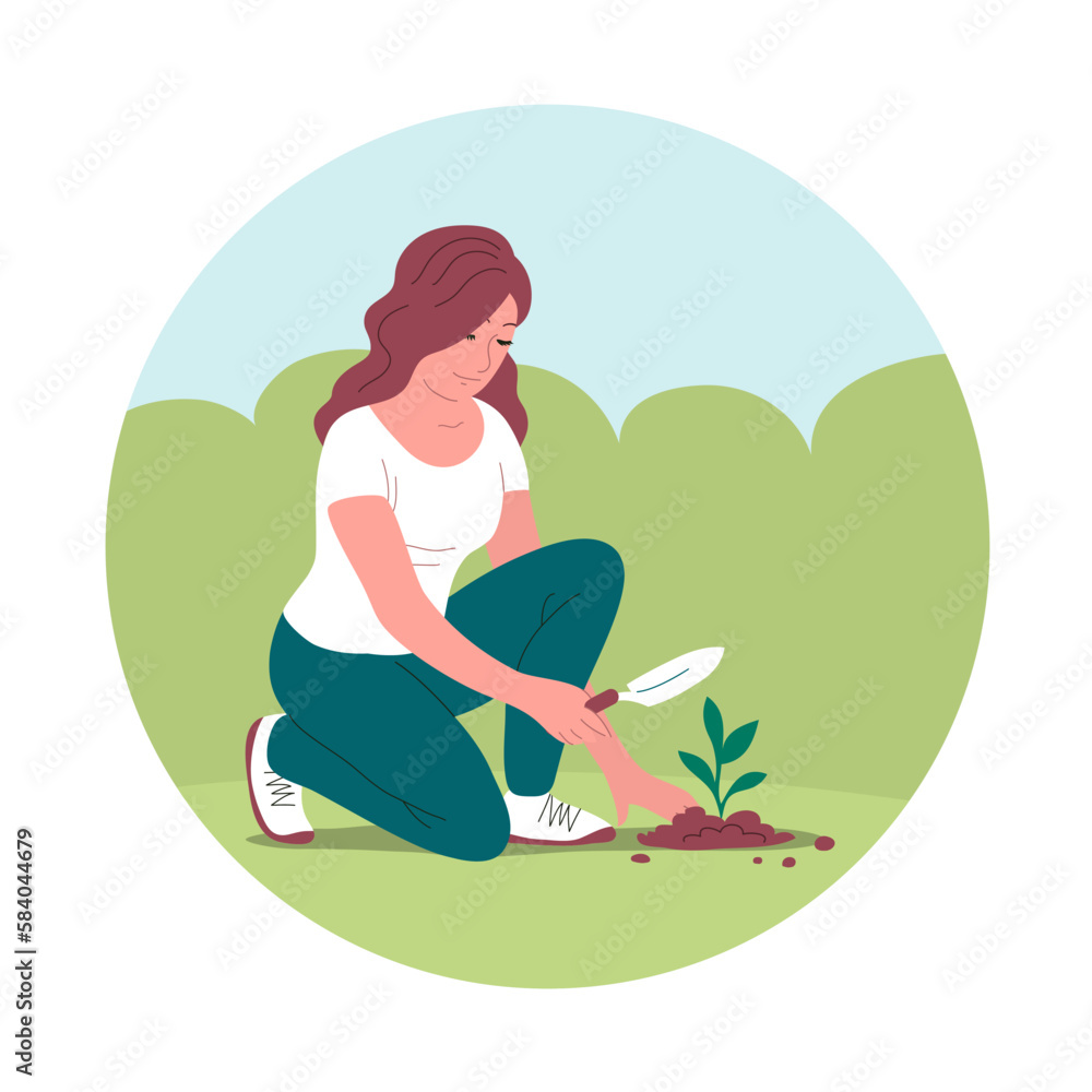 The girl planted a young green seedling in the ground. In the hand a garden shovel. Gardening outdoors, crop production. Caring for nature and ecology. Vector cartoon illustration