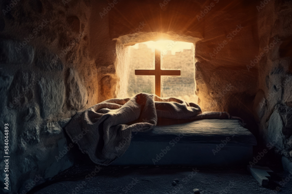 Tomb Empty With Shroud And Crucifixion At Sunrise. Resurrection Of ...