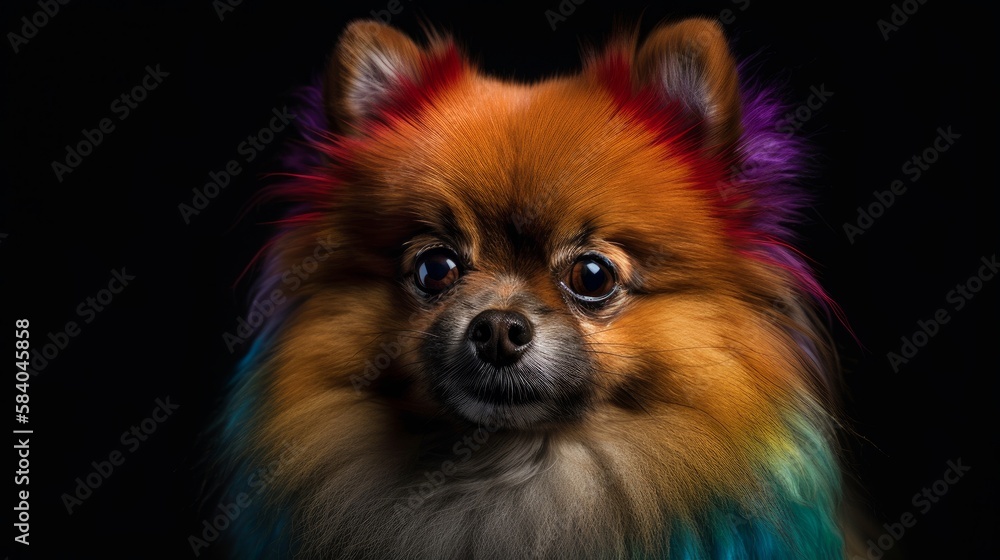 A rainbow pomeranian dog isolated on black background, pet studio photography. Generative AI