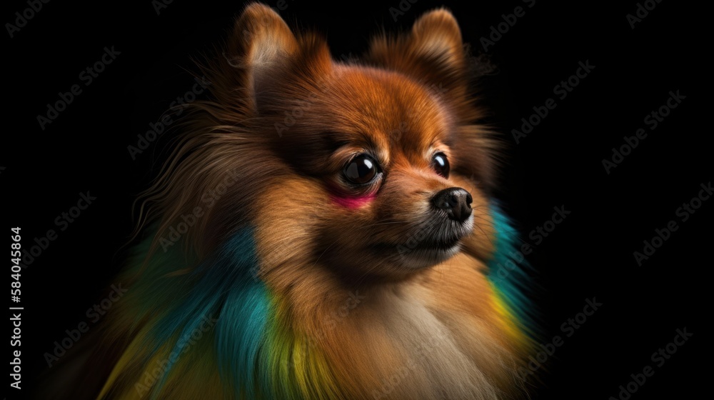 A rainbow pomeranian dog isolated on black background, pet studio photography. Generative AI