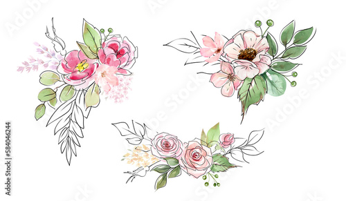 Fototapeta Naklejka Na Ścianę i Meble -  Watercolor wreaths and bouquets with pink flowers and green leaves with linear strokes, Watercolor Florals and Hand Drawn Botanical Elements, Floral arrangement for card, invitation, decoration. 