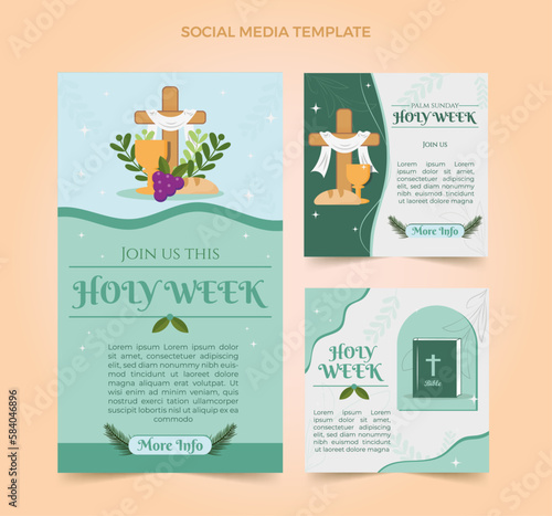 Holy week social media set, story, and post, vector graphic, palm Sunday, with green palm tree, leaves, bread, chalice, and the bible, blue background, Christian Cross, with copy space