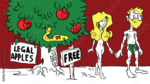 Adam and Eve near the apple tree with legal and free aplles