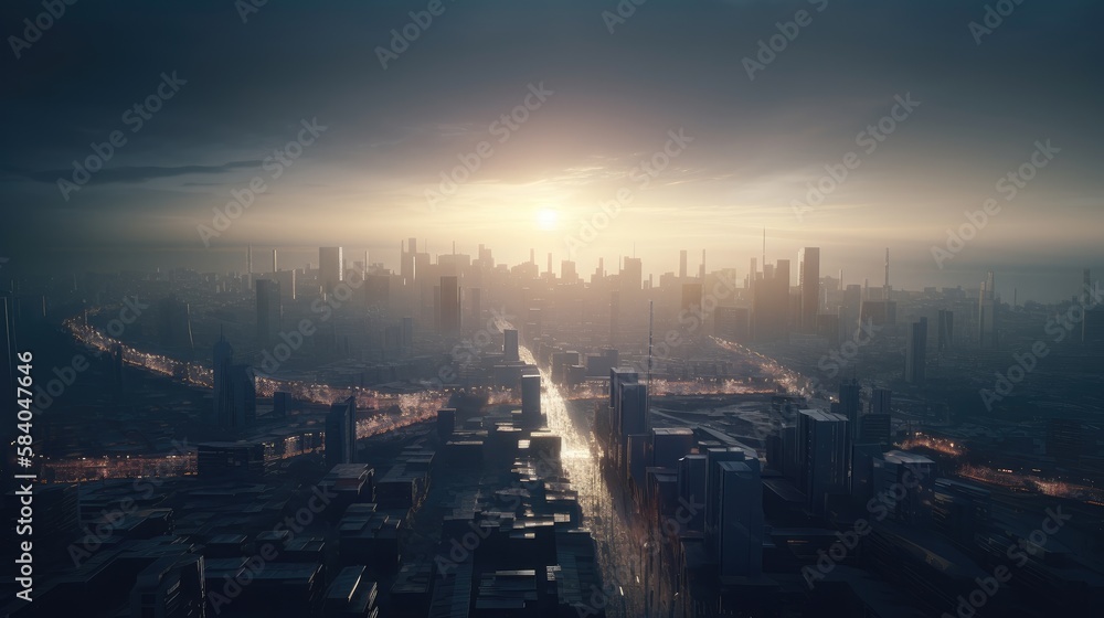 futuristic city at sunset. Created with Generative AI.