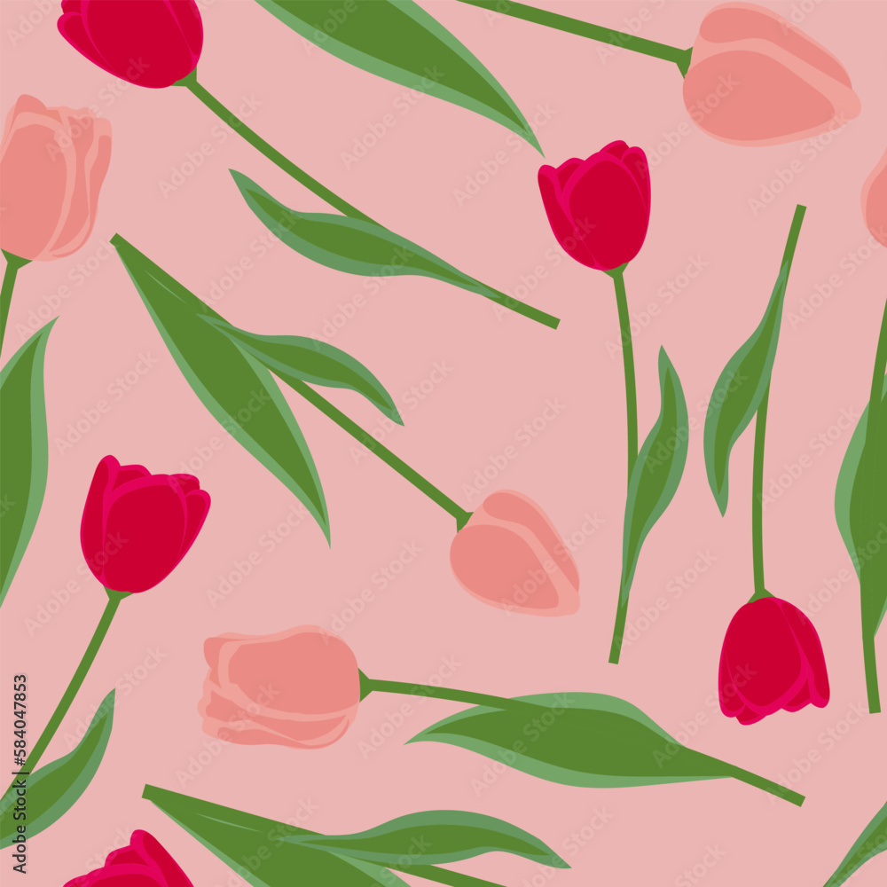 Trendy pattern with pink and scarlet tulips on pink background, great design for any purpose.