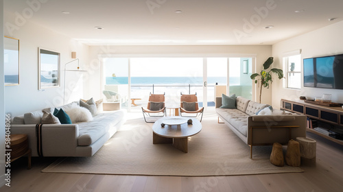 The living room of a bright Californian beach house. AI generated. © Ralph Price