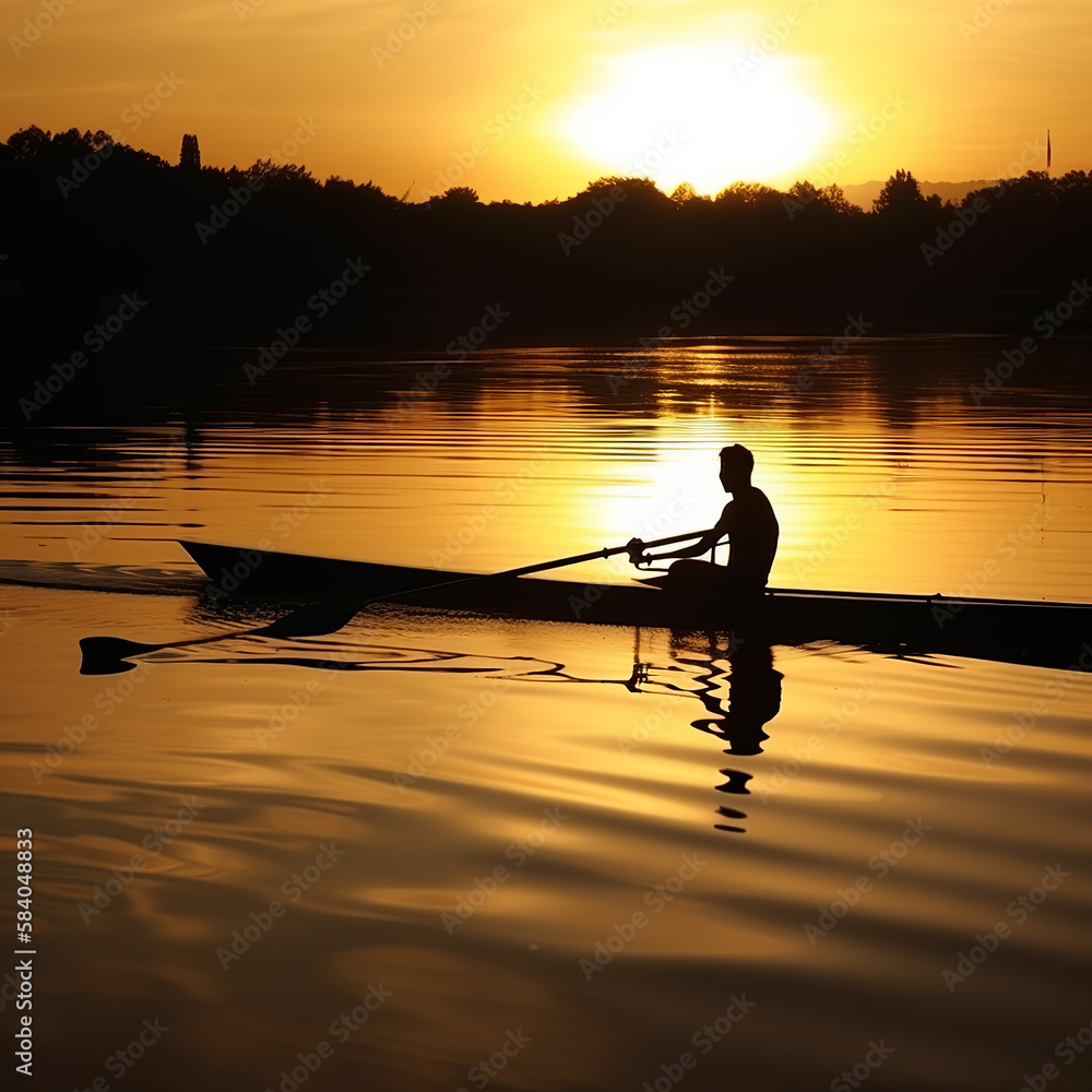 kayaking, boat, sunset, water, fishing, lake, fisherman, sea, silhouette, river, sun, nature, evening, sunrise, fish, landscape, sky, rowing, kayak, ocean, reflection, travel, sport, generative