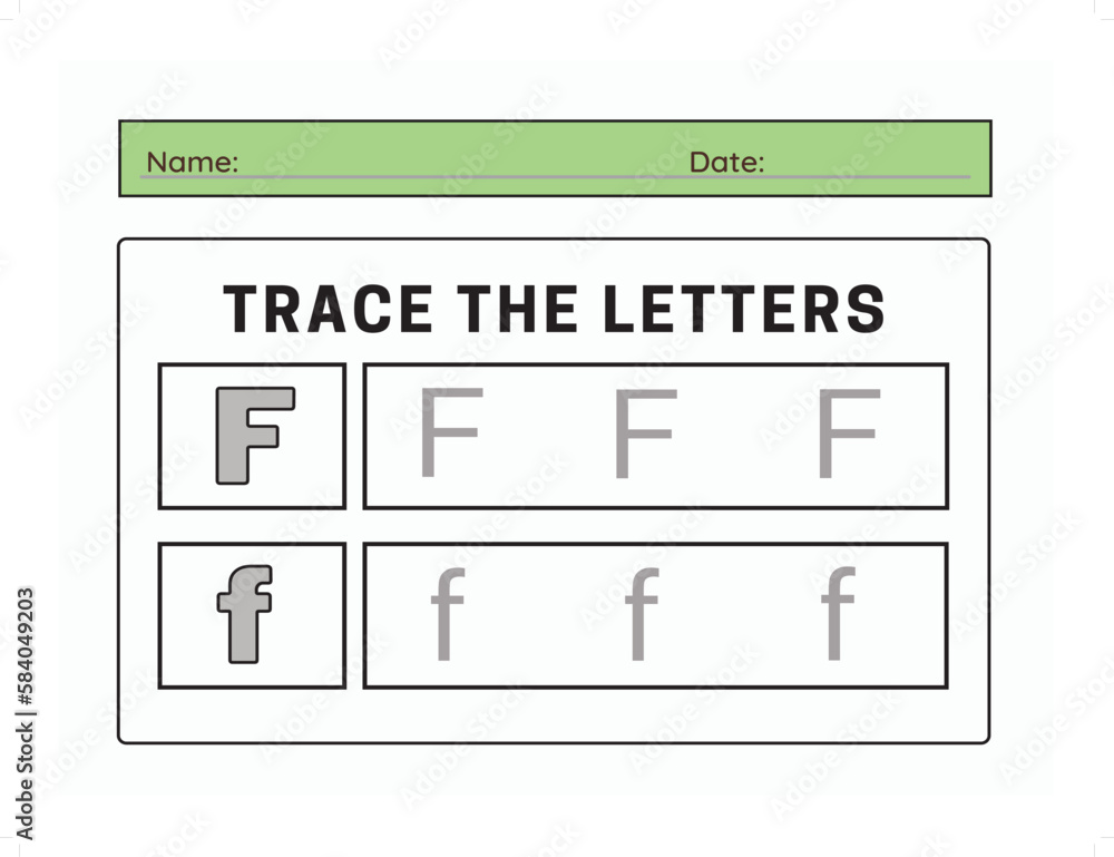 Trace letter F uppercase and lowercase. Alphabet tracing practice preschool worksheet for kids learning. Vector illustration Trace letter F uppercase and lowercase. Alphabet tracing practice preschool worksheet for kids learning. Vector illustration