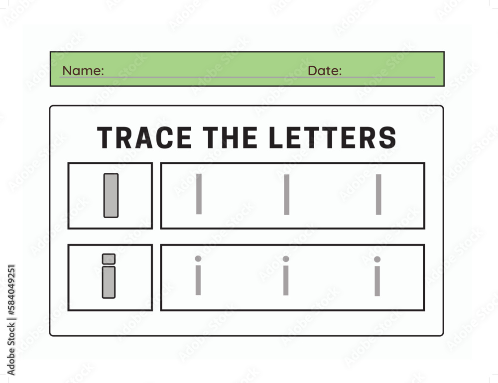 Trace letter I uppercase and lowercase. Alphabet tracing practice preschool worksheet for kids learning. Vector illustration Trace letter I uppercase and lowercase. Alphabet tracing practice preschool worksheet for kids learning. Vector illustration