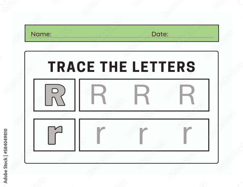 Trace letter R uppercase and lowercase. Alphabet tracing practice preschool worksheet for kids learning. Vector illustration Trace letter R uppercase and lowercase. Alphabet tracing practice preschool worksheet for kids learning. Vector illustration