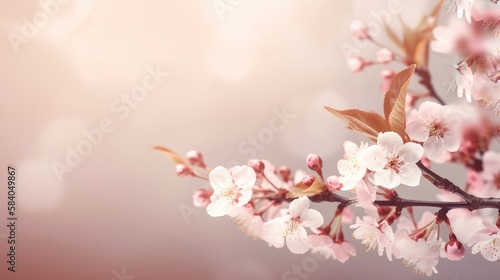Cherry blossom, blooming cherry branches background with copy space, spring time, generative ai © Aetaer