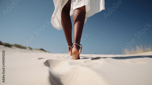 Girl's foot on the beach. Illustration AI Generative.