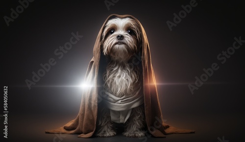 Portrait of a cute Jedi dog. Created with Generative AI photo