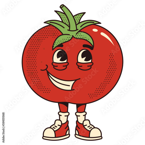 Character tomato vegetable. Modern illustration with cute comics character. 70s retro vibes.