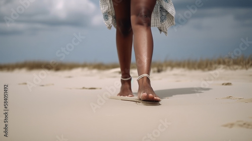 Girl's foot on the beach. Illustration AI Generative.