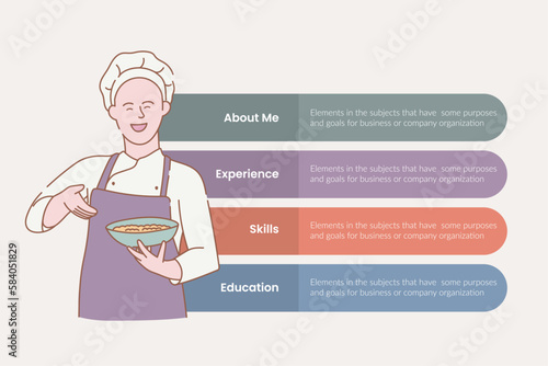 chef infographic with 4 point stages sequence with vertical layout and hold food dish with modern flat style