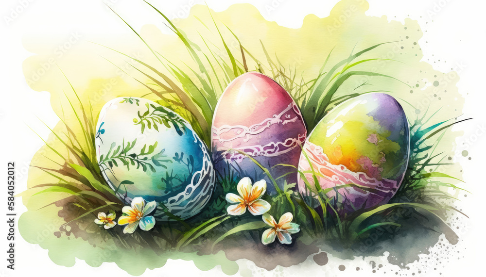 Easter eggs on the grass, watercolour