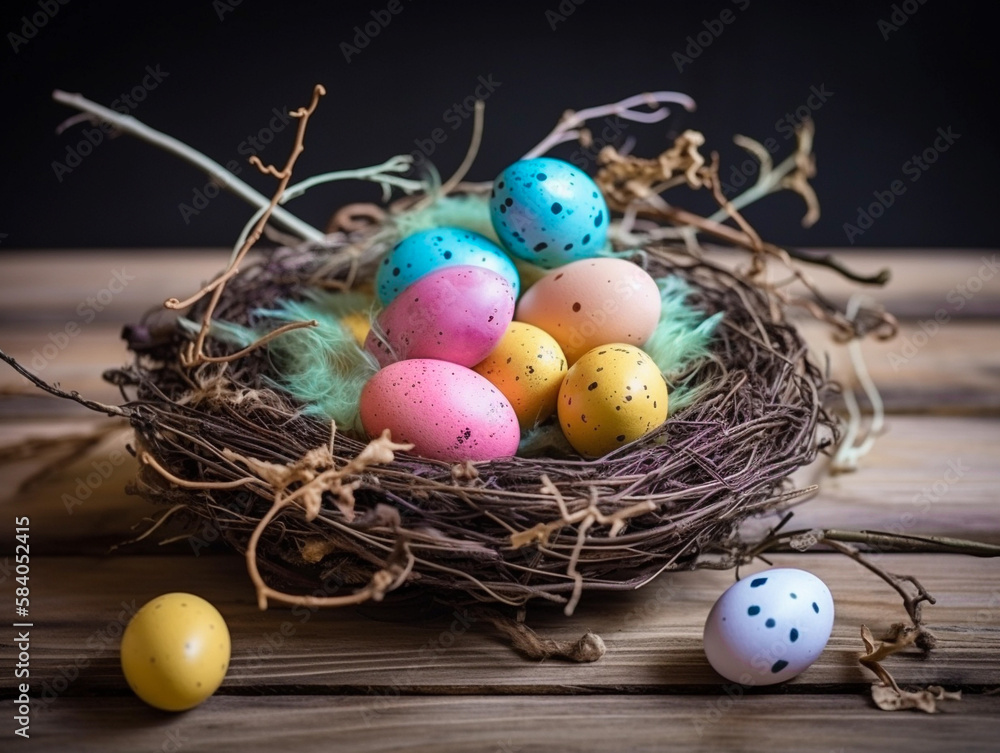 Fototapeta premium Colorful easter eggs in the bird’s nest on the woody floor. Idea of happy easter day.