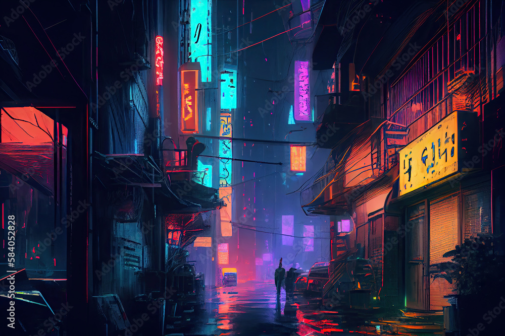 City in virtual reality, cyberpunk city street in neon lights