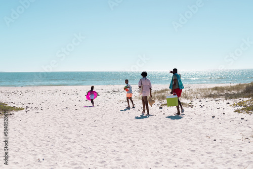 African american parents walking and playful children running on beach against clear sky in summer