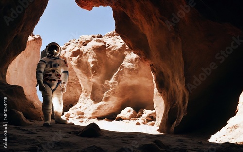 An astronaut stands at the entrance of a cave with a measuring device to explore it. An expedition on an alien uninhabited planet. Illustration Concept art.Generative AI photo