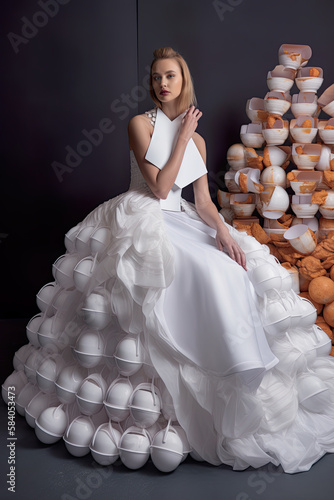 Takeaway Queen, ball gown made from disposable plastic cups and deashes, bizzare recycled dress, AI generative photo