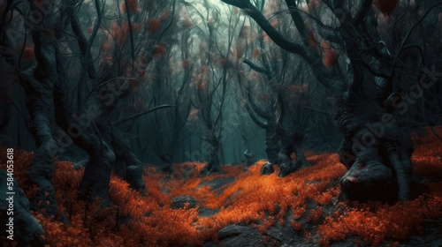 Halloween Forest Background. Illustration AI Generative.