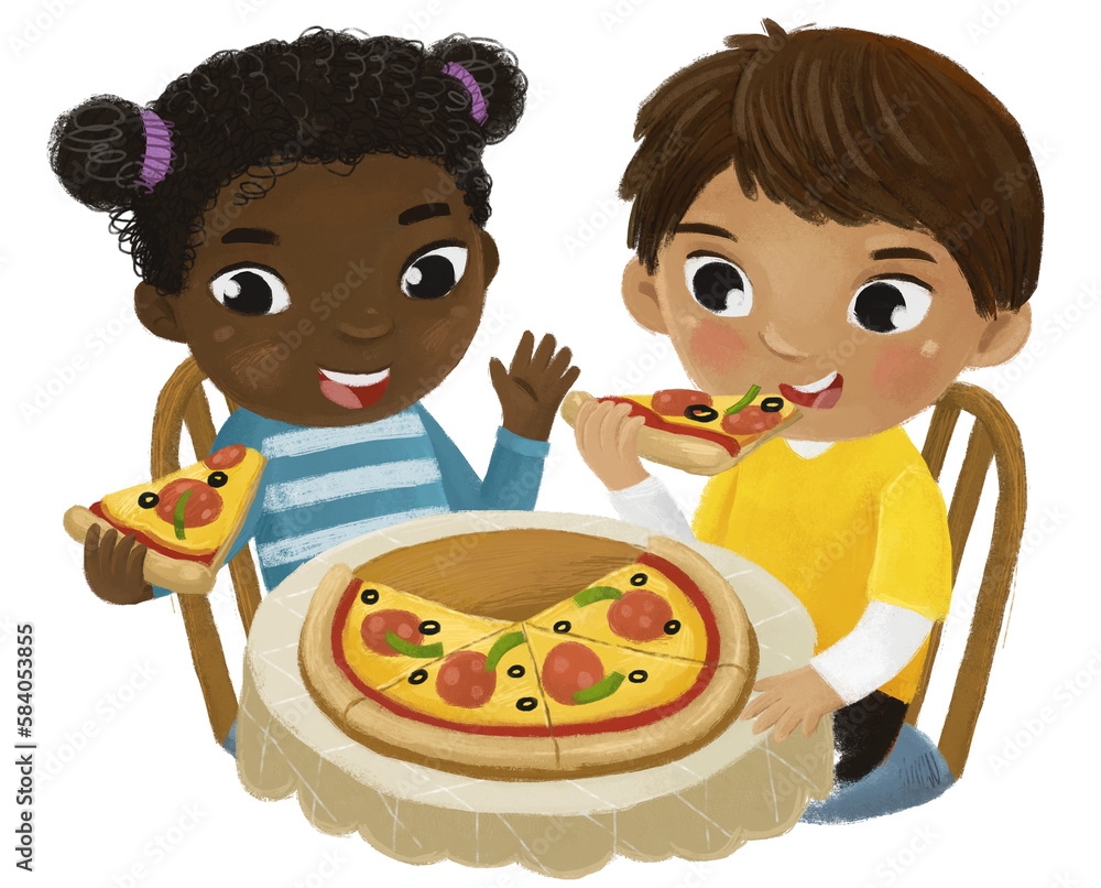 cartoon scene with boy and girl eating pizza for dinner illustration