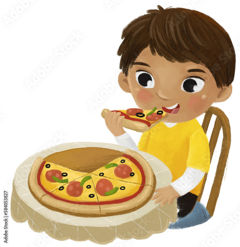 cartoon scene with boy eating pizza for dinner illustration for kids