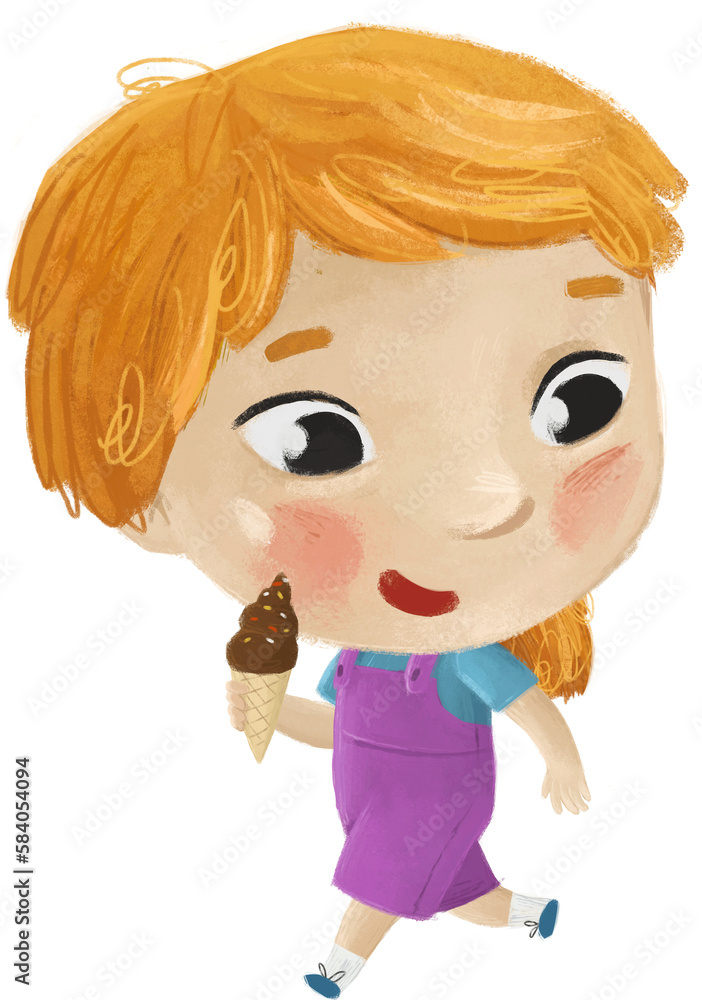 cartoon scene with girl eating tasty dessert ice cream illustration for kids