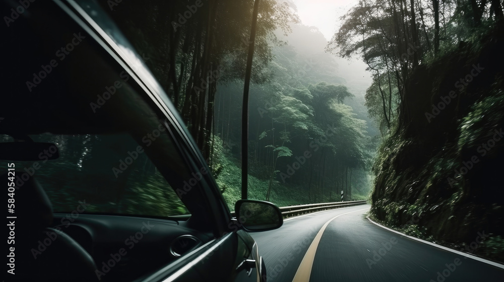 Road in forest with car. Illustration AI Generative.