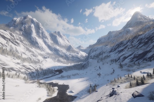 Stunning Snowy Mountain Landscape in Unreal Engine Style, Generative AI © avrezn
