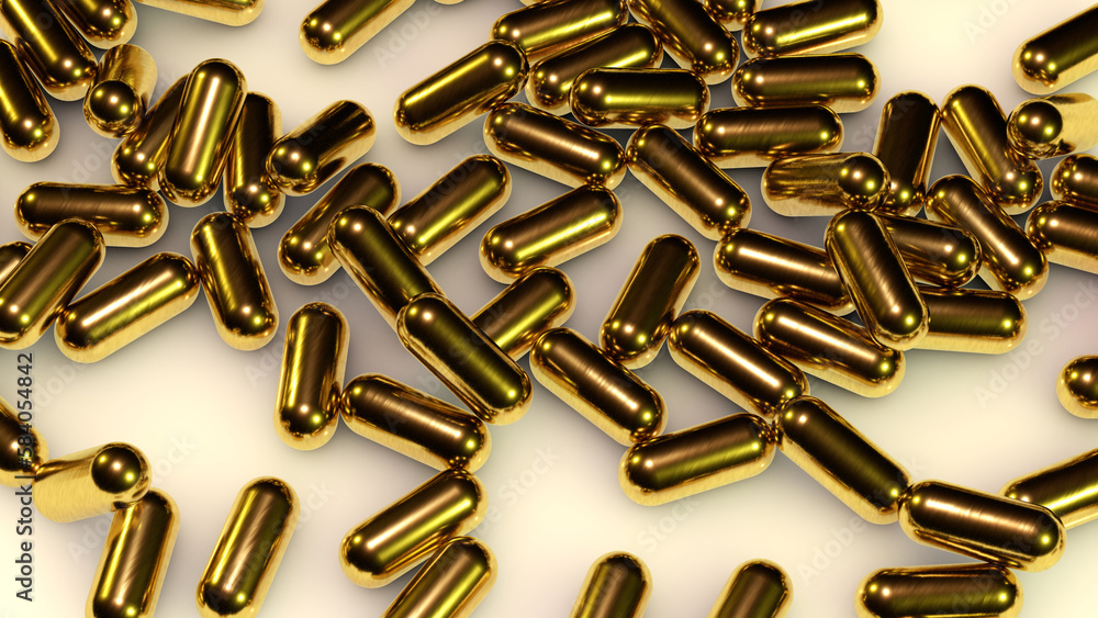 Abstract pile of objects that look like golden pills or bullets. 3D reneder. Omega capsules, gelatin capsule. Abstract pile of objects that look like golden pills or bullets. 3D reneder. Omega capsules, gelatin capsule.