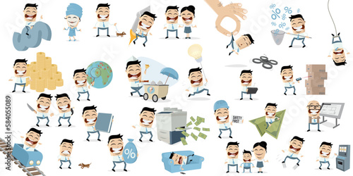 big cartoon collection of a funny businessman in different scenarios