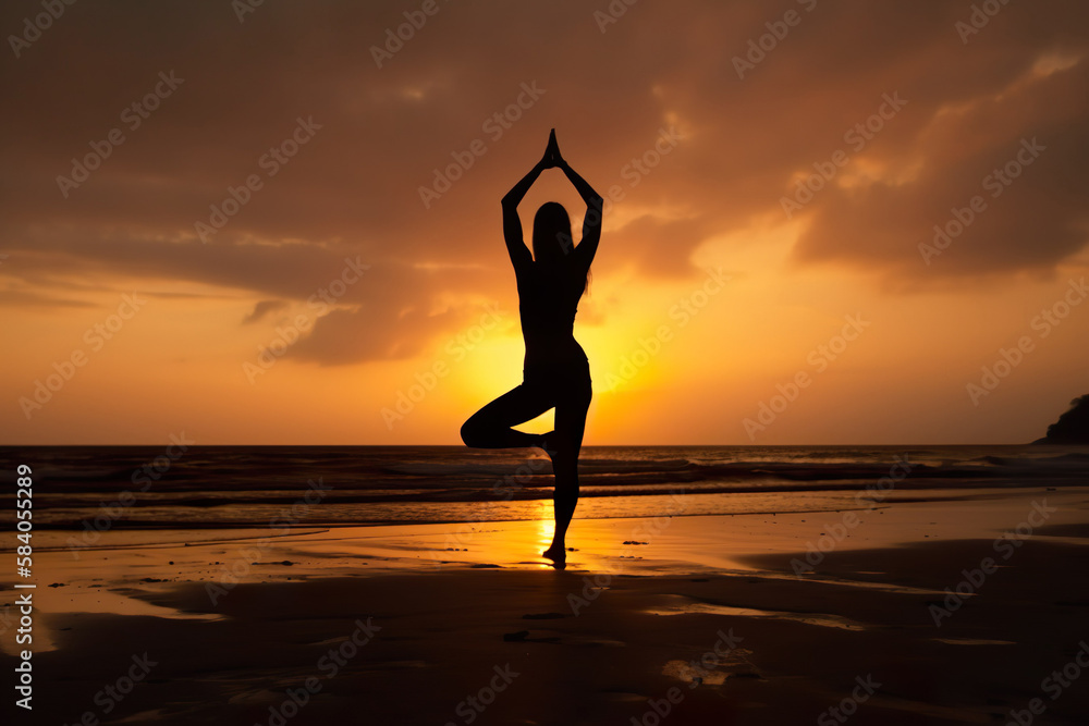 Silhouette of woman standing at yoga pose on the beach during sunset. Generative Ai.