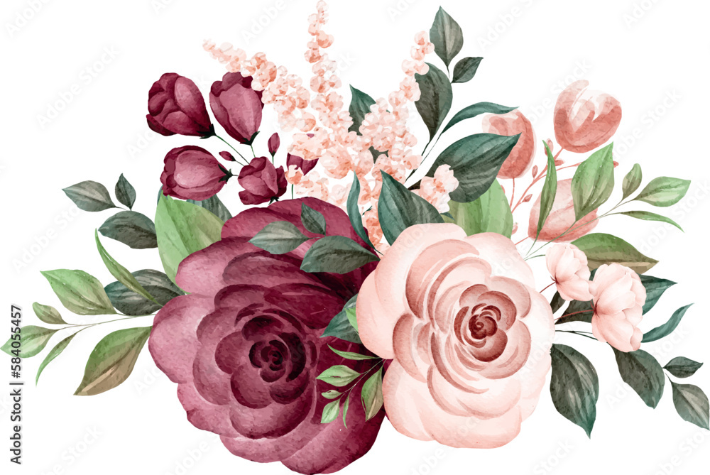 Flower Bouquet Watercolor Illustration. Rose Bloom, Blossom