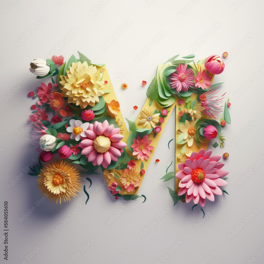 Mother's day M letter with flowers. Illustration AI Generative