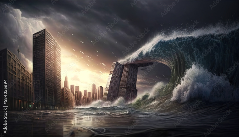 Tsunami Hits Buildings, Giant Sea Wave Moves To City, Generative AI ...