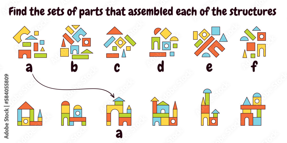 Find the sets of parts that assembled each of the structures. Matching game. Educational game for children. Colorful vector illustration. Isolated on white background