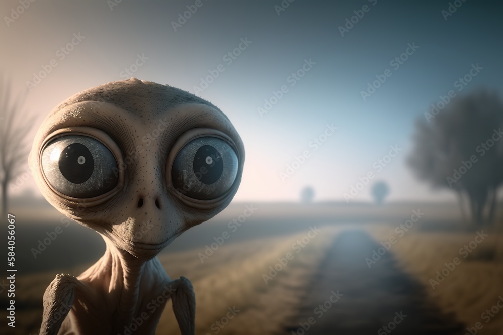 Aliens kommen uns auf der Erde besuchen. Sie erkunden neugierig die Welt an einem nebligen Tag. Cartoon Außerirdische - Generativ KI
