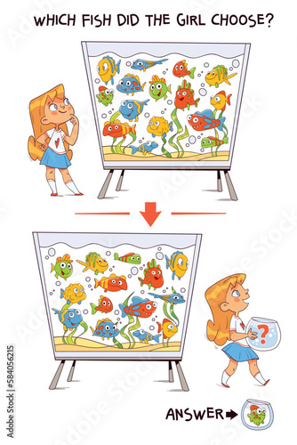 Which fish did the girl choose. Find the differences puzzle game. Find hidden objects in the picture. Puzzle Hidden Items. Educational game for children. Colorful cartoon characters