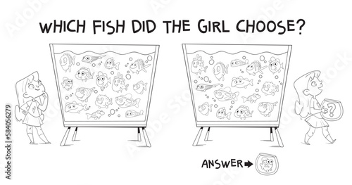 Which fish did the girl choose. Find the differences puzzle game. Find hidden objects in the picture. Puzzle Hidden Items. Educational game for children. Coloring book. Cartoon characters