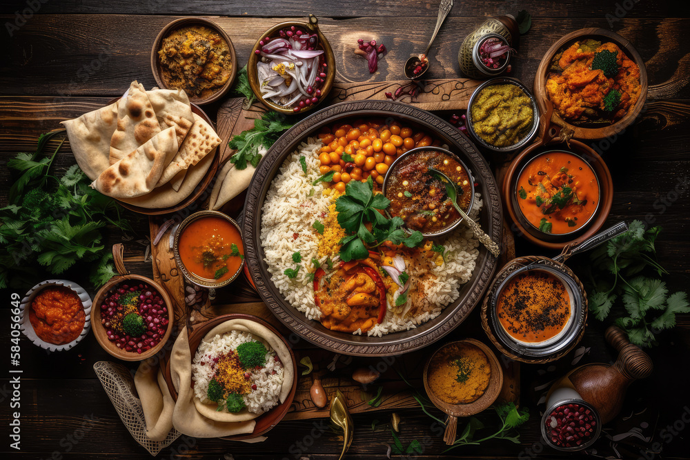 top view of Assorted indian food on dark wooden background. top view of Assorted indian food on dark wooden background.