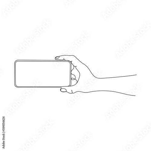 Hand holding mobile phone to make picture. One line art. Person holding device. Hand drawn vector illustration.