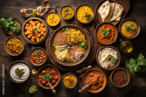 top view of Assorted indian food on dark wooden background. 