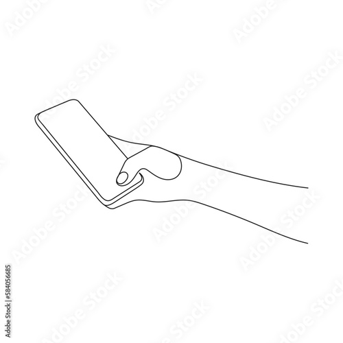 Finger touching mobile phone screen. One line art. Person holding device. Hand drawn vector illustration.
